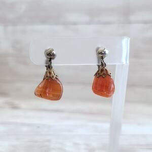 Vintage Clip On Earrings Orange Dangle - Tarnished